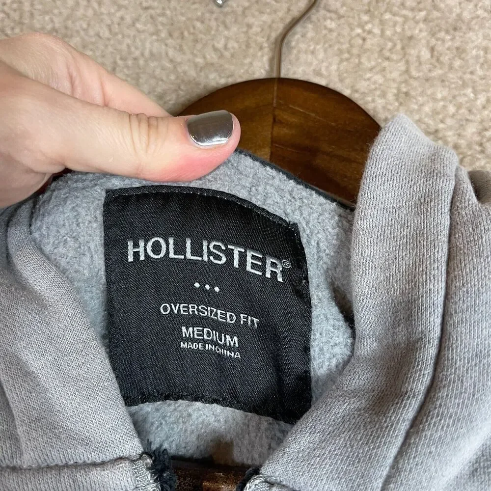 Hollister Hoodie Sweatshirt Womens Size Medium Gray Oversized Fit Zip Up Fleece - Picture 6 of 8